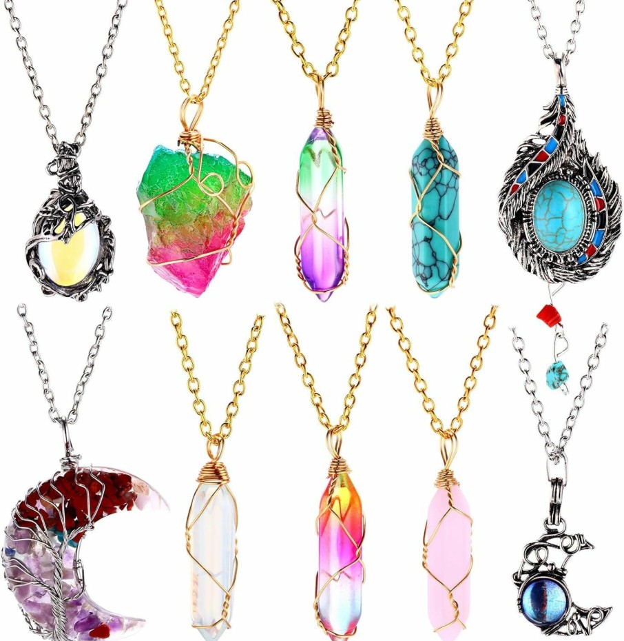 Necklaces | Hicarer 10 Pieces Hexagonal Crystal Pendant Necklace, Natural Quartz Stone Pendant Necklace, Healing Crystal Full Wire Wrap Gemstone Necklace For Women Girls