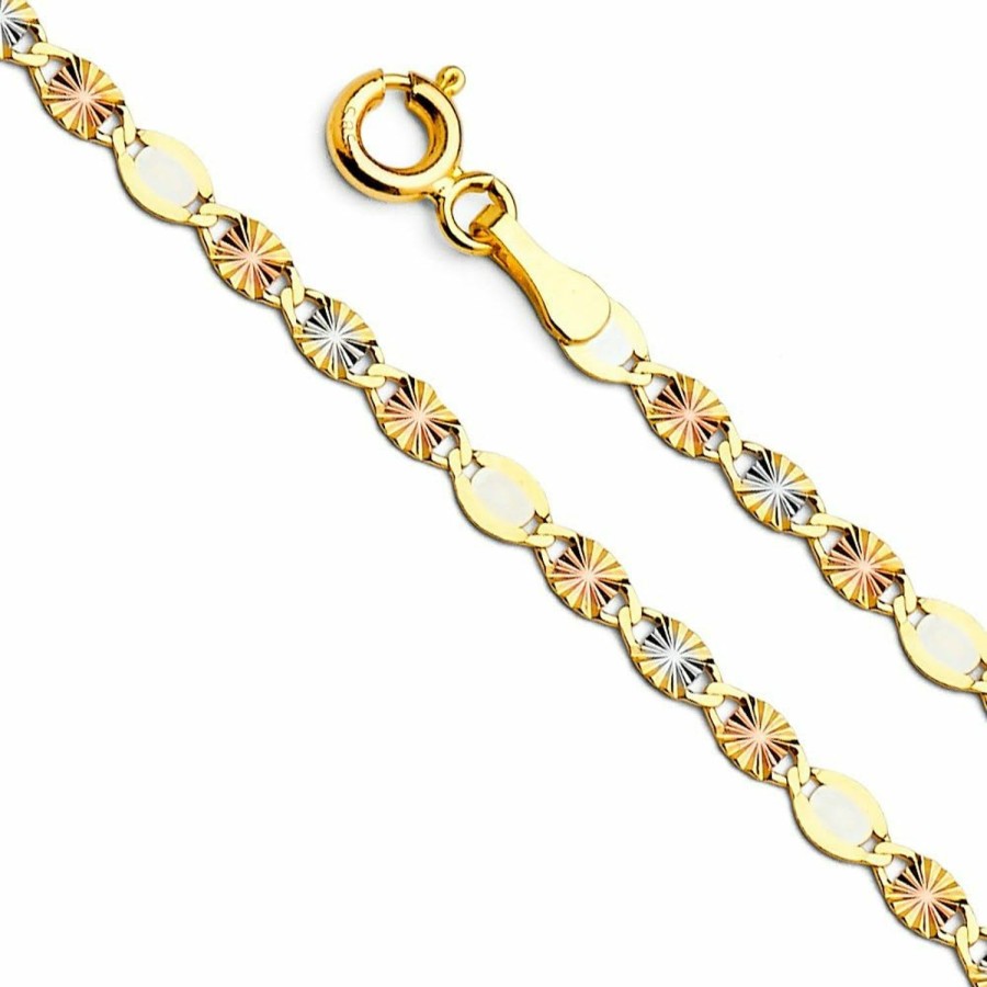 Necklaces | The World Jewelry Center The World Jewelry Center 14K Real Tri Color Gold Solid 3Mm Flat Star Diamond Cut Chain Necklace With Spring Ring Clasp