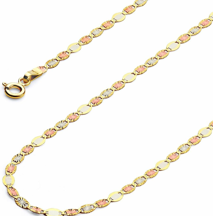 Necklaces | The World Jewelry Center The World Jewelry Center 14K Real Tri Color Gold Solid 3Mm Flat Star Diamond Cut Chain Necklace With Spring Ring Clasp