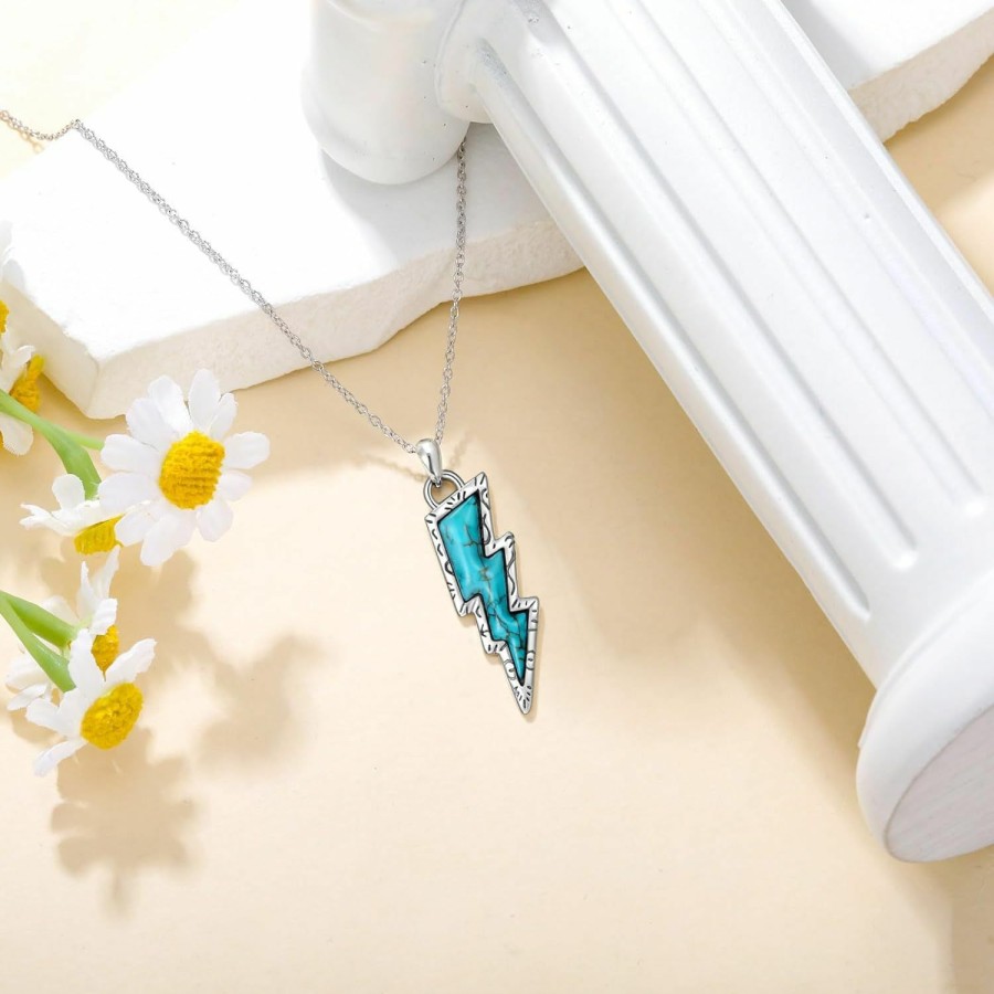 Necklaces | BETHZA Bethza Turquoise Lightning Bolt Necklace 925 Sterling Silver Genuine Turquoise Western Cowgirl Pendant Country Jewelry Gift For Women Girl