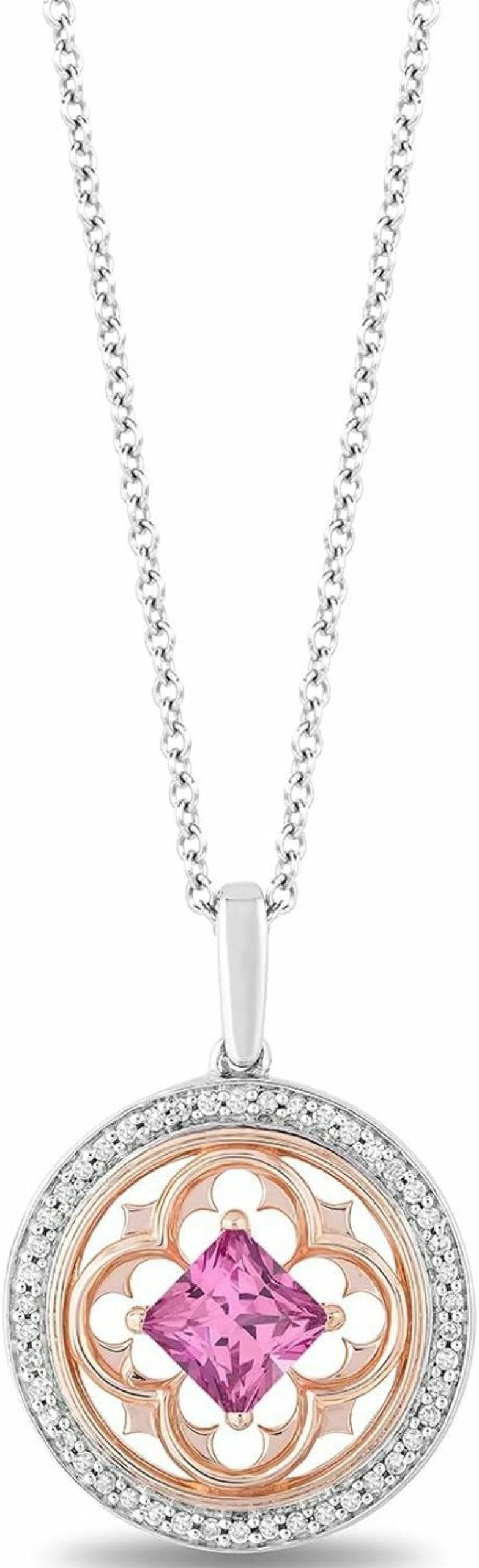 Necklaces | Jewelili Jewelili Enchanted Disney Fine Jewelry 14K Rose Gold Over Sterling Silver 5.5 Mm Square Created Pink Sapphire And 1/5 Cttw Natural White Round Diamond Aurora Pendant Necklace