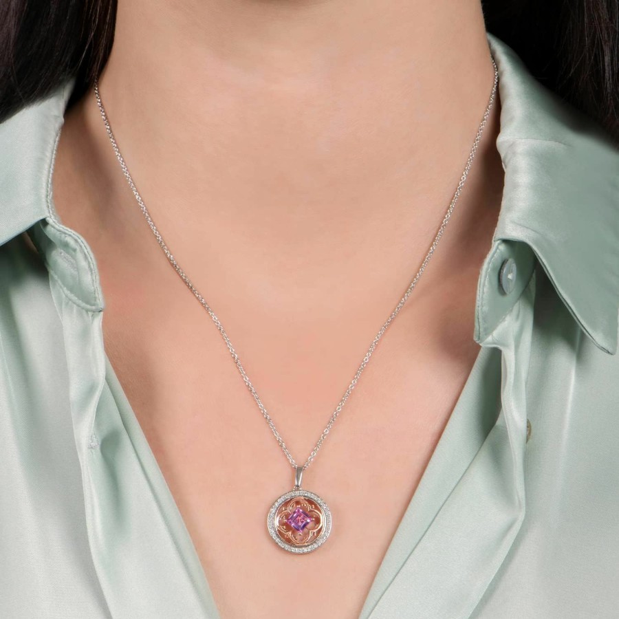 Necklaces | Jewelili Jewelili Enchanted Disney Fine Jewelry 14K Rose Gold Over Sterling Silver 5.5 Mm Square Created Pink Sapphire And 1/5 Cttw Natural White Round Diamond Aurora Pendant Necklace