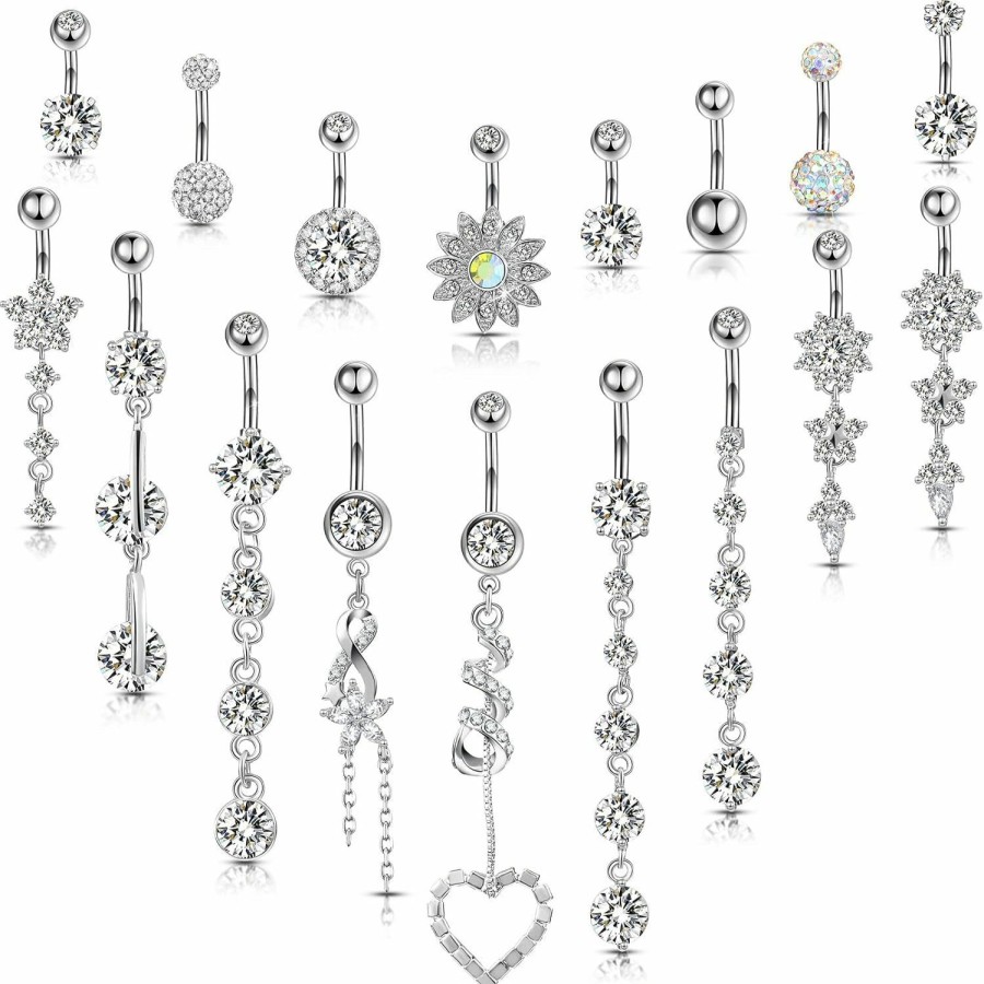 Necklaces | Yaomiao Yaomiao 18 Pcs 14G Stainless Steel Belly Button Ring Rhinestone Heart Dangle Belly Button Rings For Women Belly Button Rings