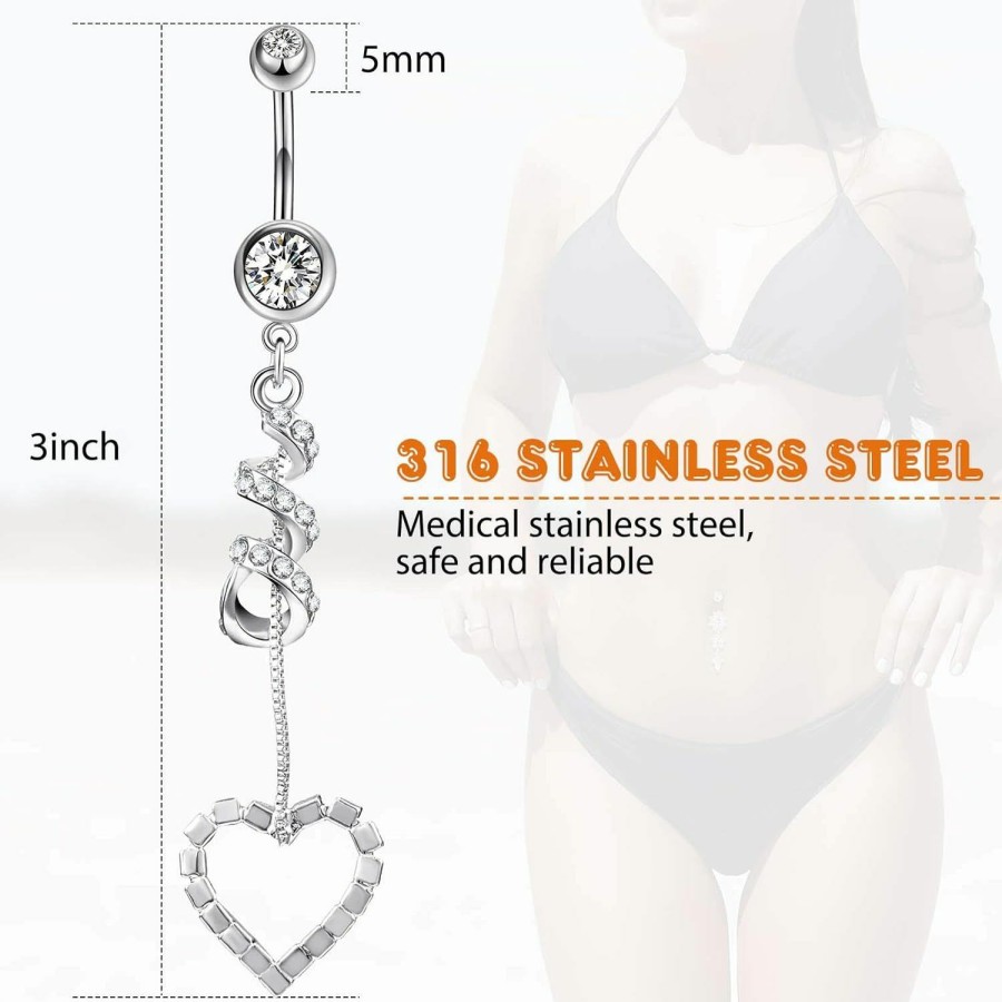 Necklaces | Yaomiao Yaomiao 18 Pcs 14G Stainless Steel Belly Button Ring Rhinestone Heart Dangle Belly Button Rings For Women Belly Button Rings