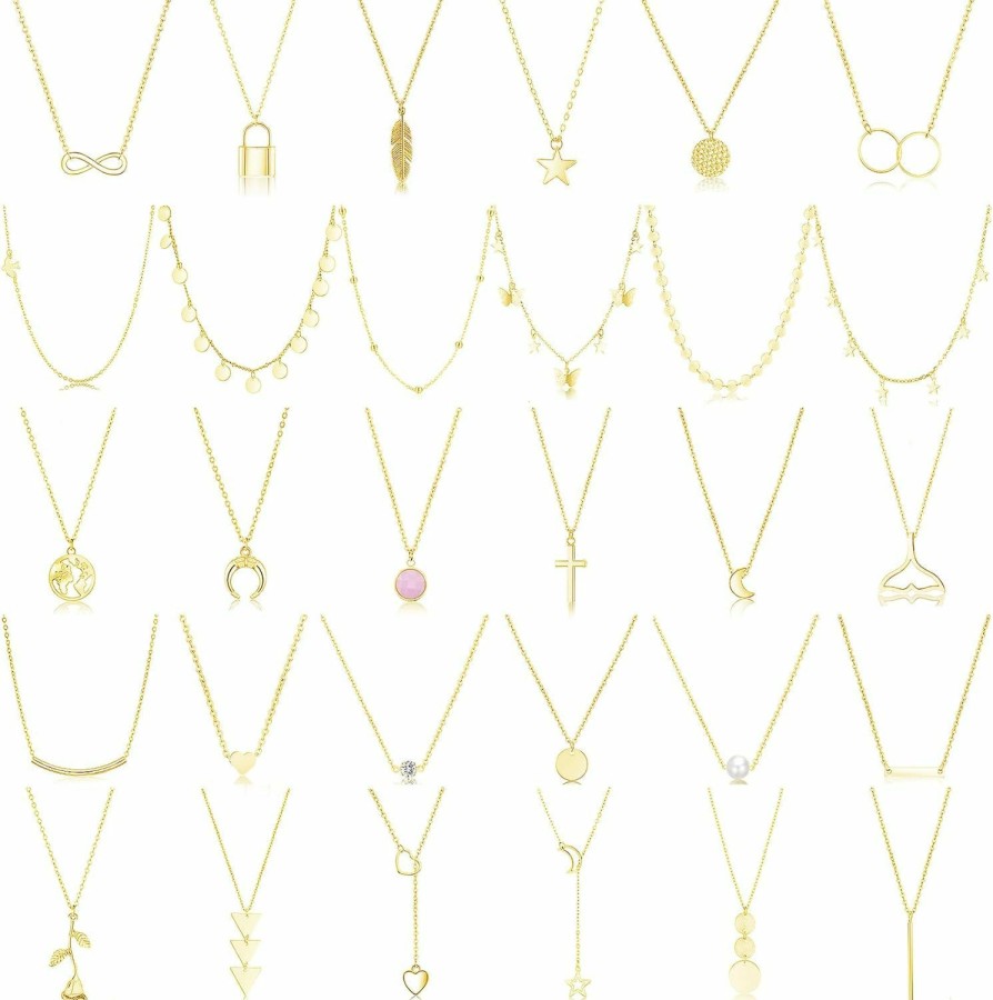 Necklaces | FUNEIA Funeia 30Pcs Layered Dainty Gold Necklaces For Women Trendy 14K Gold Plated Small Cute Beaded Butterfly Cross Heart Star Pendant Necklace Set Pack For Teen Girls Womens Choker Necklace Jewelry Set