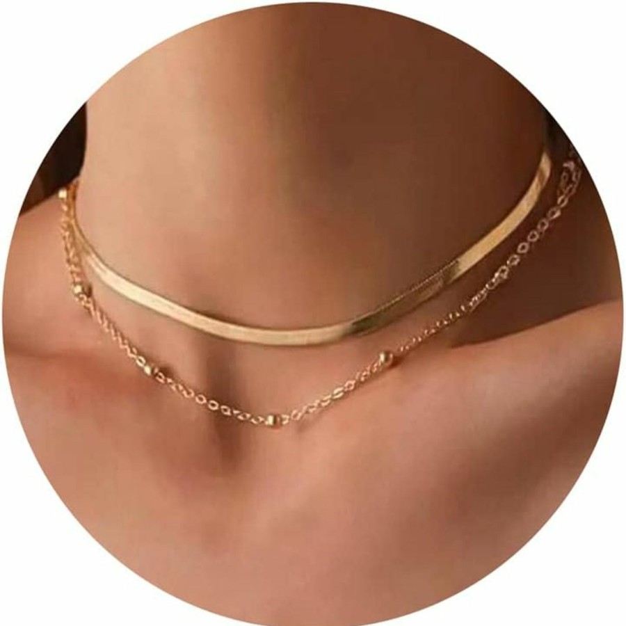 Necklaces | Tewiky Tewiky Herringbone Necklace For Women Dainty 14K Gold Snake Chain Necklace Layered Gold Herringbone Double Flat Snake Chain Choker Necklace Thin Chunky Chain Necklace Gift For Her