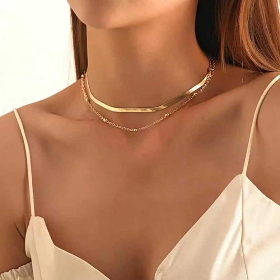 Necklaces | Tewiky Tewiky Herringbone Necklace For Women Dainty 14K Gold Snake Chain Necklace Layered Gold Herringbone Double Flat Snake Chain Choker Necklace Thin Chunky Chain Necklace Gift For Her