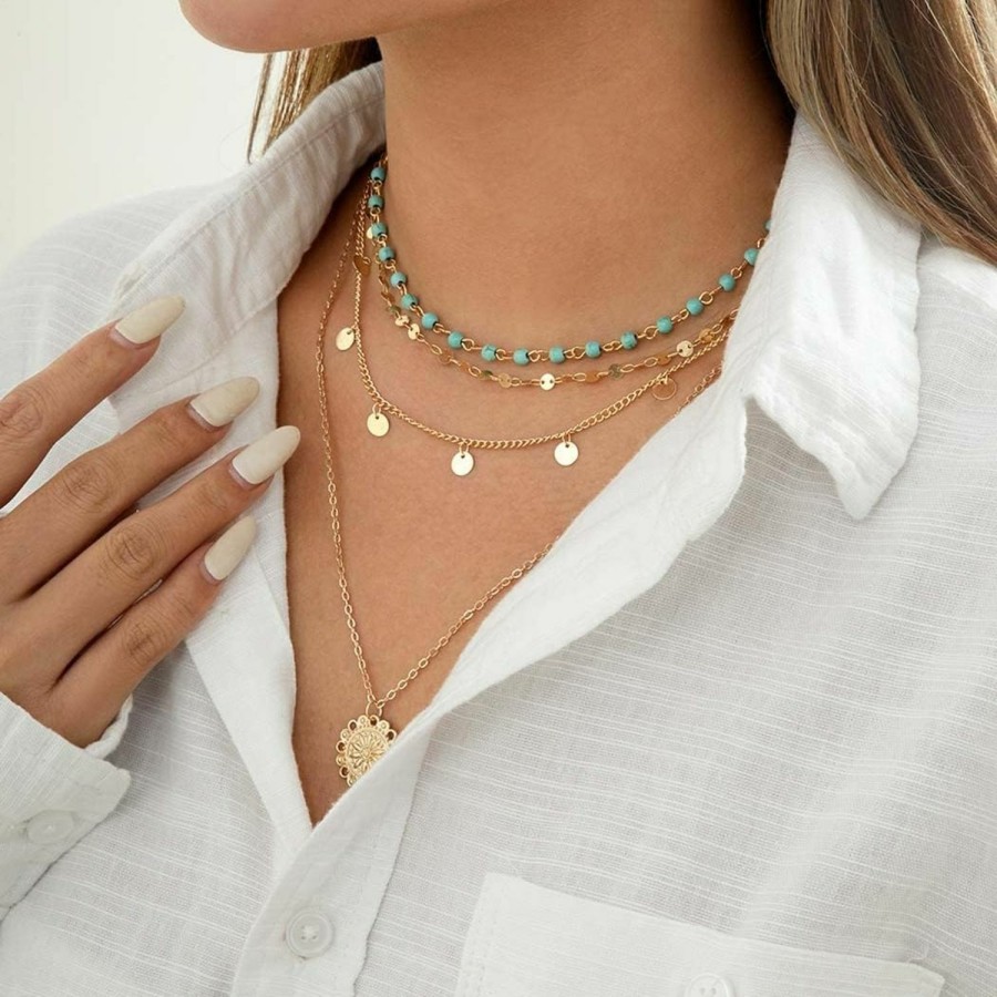 Necklaces | Hermoli Hermoli Boho Choker Women Necklace Gold Turquoise Coin Pendant Layered Necklaces Chain Glitter Bohemia Sequin Tassel Necks Jewelry For Women And Girls