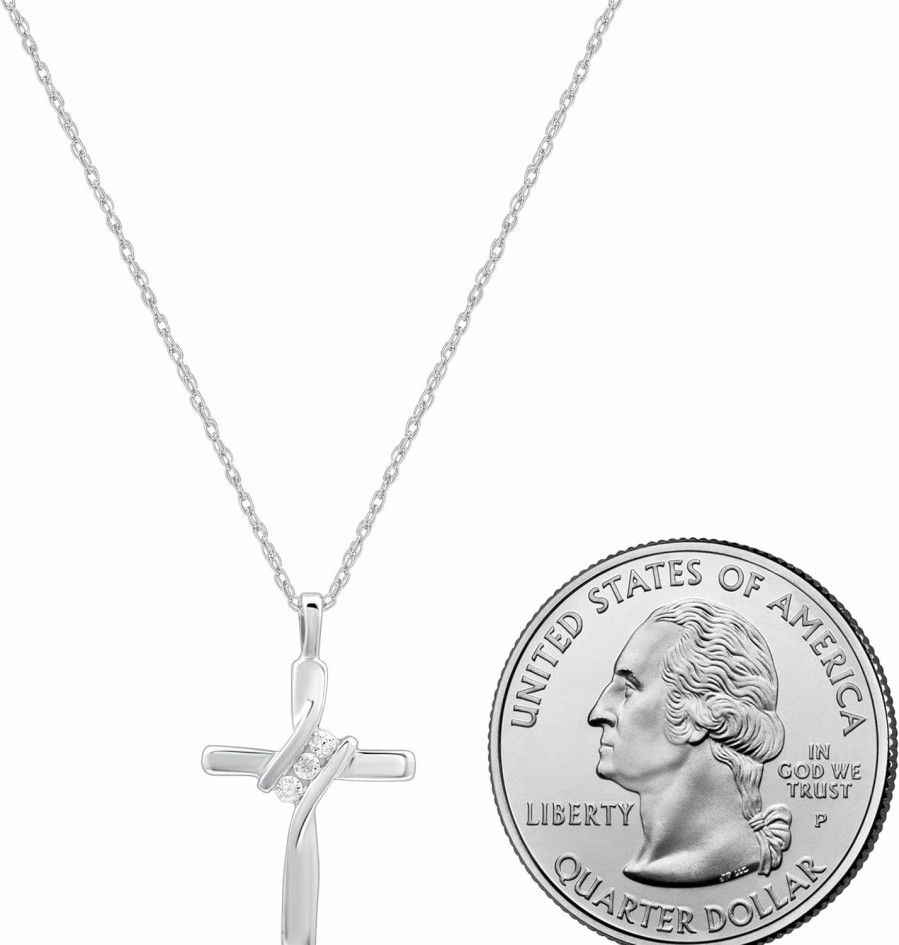 Necklaces | GILDED Gilded Small 10K White Gold Natural Round-Cut Diamond Accent (I-J Color, I2-I3 Clarity) 3 Stone Cross Pendant-Necklace,18\"