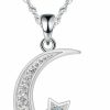 Necklaces | Gemschest Gemschest Sterling Silver Crescent Moon Star Necklace Cubic Zirconia Little Girl Jewelry For Teen Girls & Women Ladies Dainty 18\" Chain