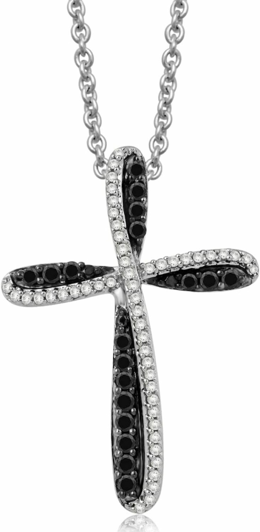 Necklaces | Jewelili Jewelili Sterling Silver Cross Pendant Necklace With Treated Black And Natural White Round Diamonds, 1/3 Cttw, 18\" Rolo Chain