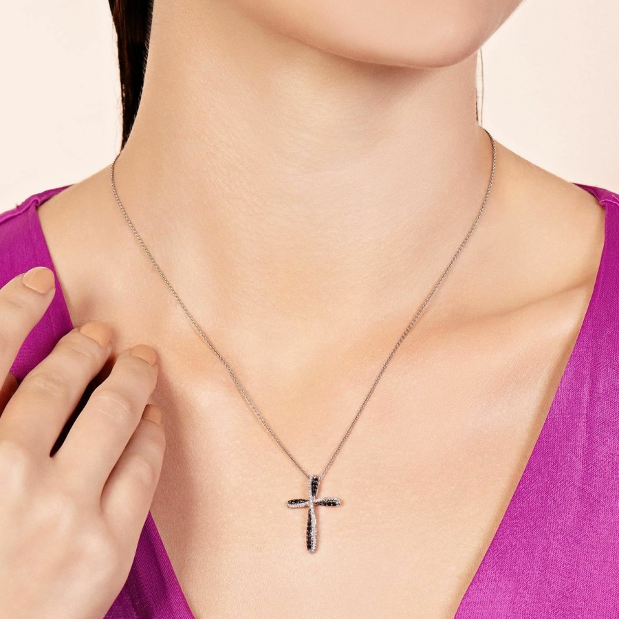 Necklaces | Jewelili Jewelili Sterling Silver Cross Pendant Necklace With Treated Black And Natural White Round Diamonds, 1/3 Cttw, 18\" Rolo Chain