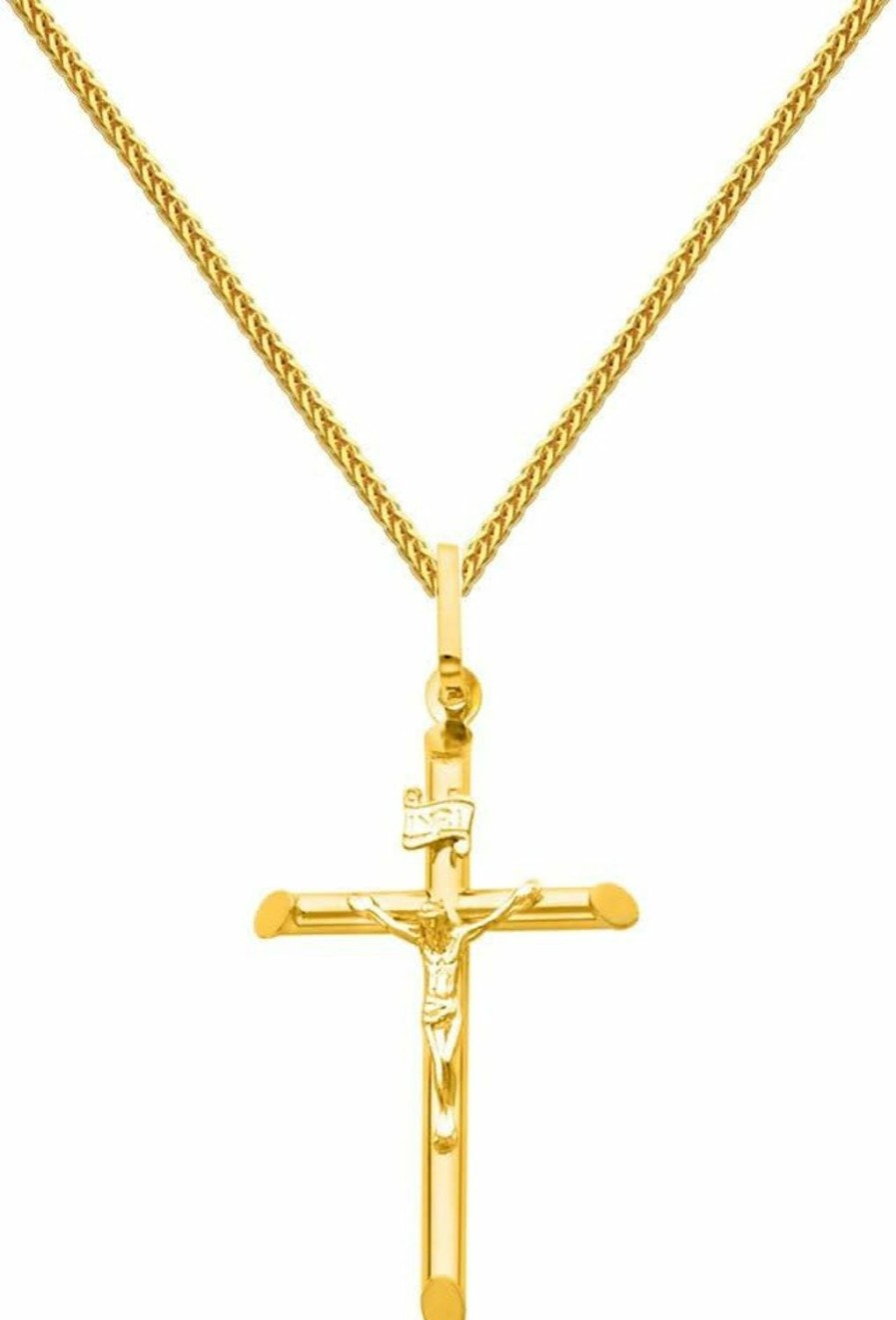 Necklaces | The World Jewelry Center The World Jewelry Center 14K Yellow Gold Crucifix Cross Pendant With 1Mm Braided Square Wheat Chain Necklace