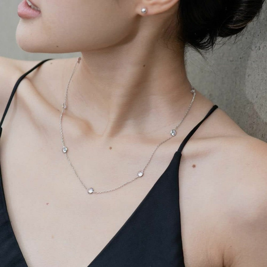 Necklaces | NYC Sterling Sterling Silver Station Necklace 16-30 Inch - Round Cubic Zirconia Cz Station Necklace - Statement Necklace For Women, Teens - Lead-Free, Nickel-Free Jewelry - Long Layering Necklaces - Gift For Her