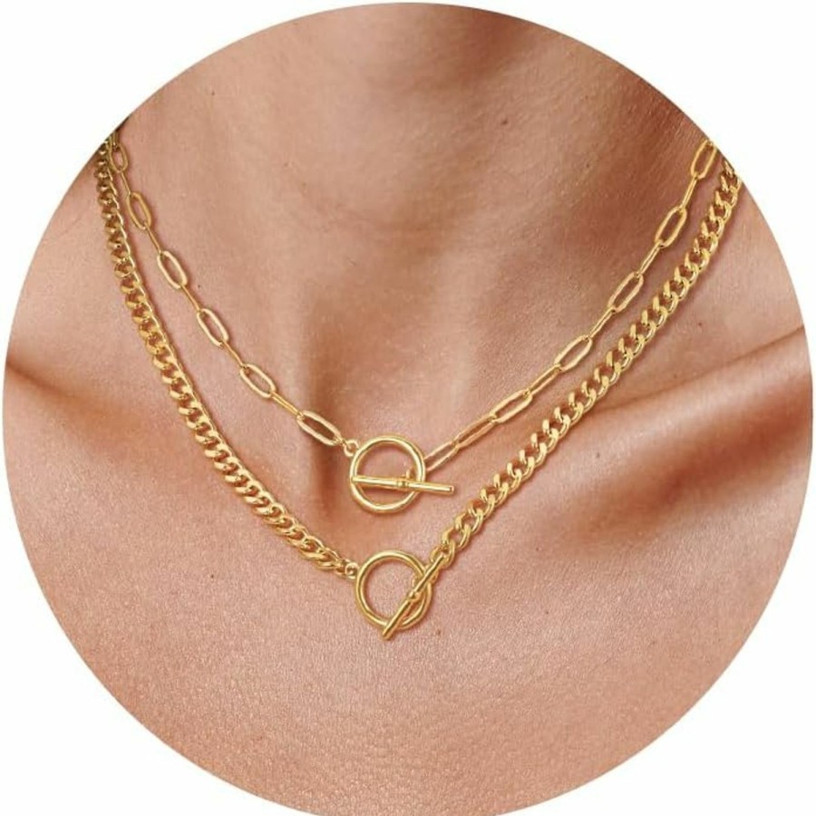 Necklaces | CHESKY Chesky Gold Layered Necklaces For Women, 14K Dainty Gold Chain Necklace Women Trendy Cuban Link Paperclip Chain Toggle Clasp Necklace Fashion Chunky Jewelry For Women