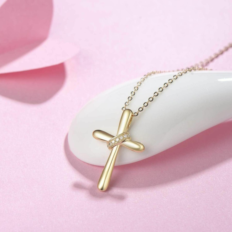 Necklaces | FANCIME Fancime 14K Solid Real Yellow Gold Faith Love Hope Crucifix Cross Necklace With 0.037Cttw Genuine White Diamond Pendant Necklaces Fine Jewelry Gift For Women Girls, 16\"+2\" Extender