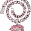 Necklaces | N-Made Beautifull Iced Out Chain For Women Men, Cuban Link Chain, Hip Hop Pink Bite Lip Shape Pendant Necklace For Women With Bling Iced Out Silver Color Cuban Link Chain Hiphop Necklace Jewelry