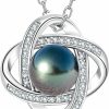 Necklaces | mihiarii Genuine Tahitian Black Pearl With Moissanite Love Knot Pendant Necklace, Aaaa Handselected Black Pearls, D Color Moissanite, 18K White Gold Plated Sterling Silver, 45+2+3Mm Adjustable Chain