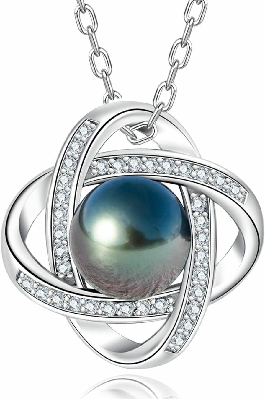 Necklaces | mihiarii Genuine Tahitian Black Pearl With Moissanite Love Knot Pendant Necklace, Aaaa Handselected Black Pearls, D Color Moissanite, 18K White Gold Plated Sterling Silver, 45+2+3Mm Adjustable Chain