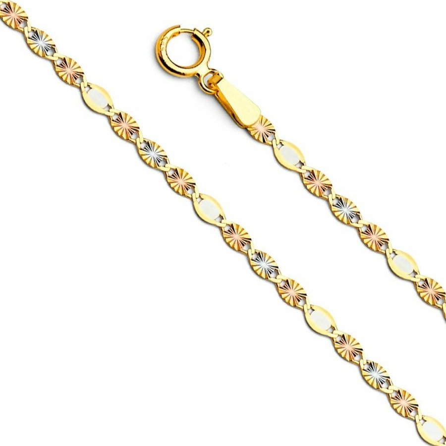 Necklaces | The World Jewelry Center The World Jewelry Center 14K Real Tri Color Gold Solid 2Mm Flat Star Diamond Cut Chain Necklace With Spring Ring Clasp