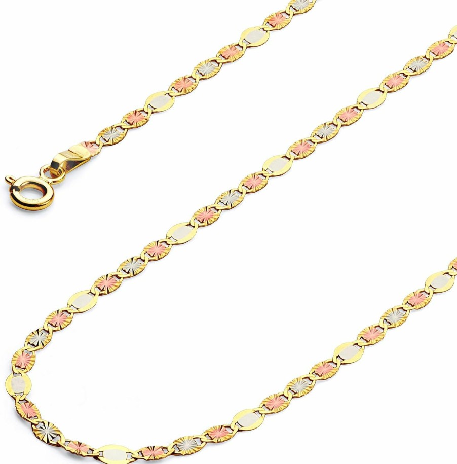 Necklaces | The World Jewelry Center The World Jewelry Center 14K Real Tri Color Gold Solid 2Mm Flat Star Diamond Cut Chain Necklace With Spring Ring Clasp