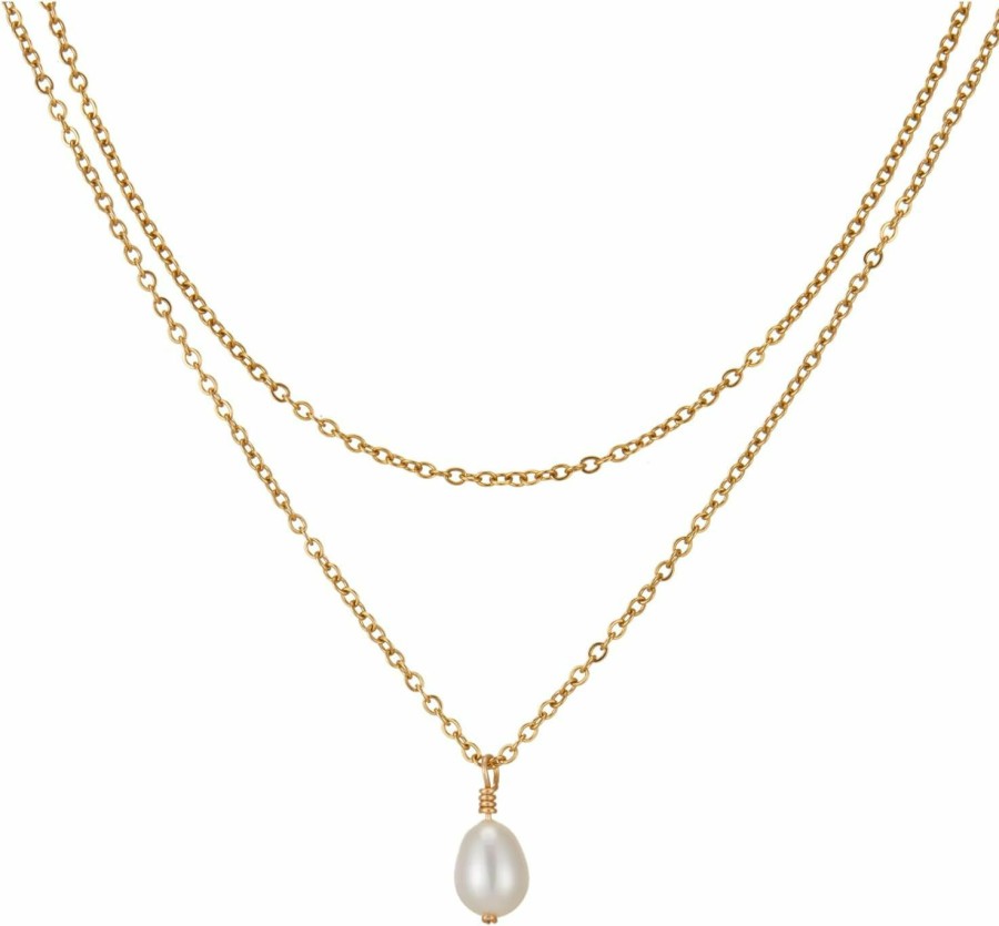 Necklaces | Moonffay Moonffay Freshwater Single Pearl Pendant Necklace For Women One Pearl Gold Layered Choker Stack Necklace Waterproof Summer Jewelry