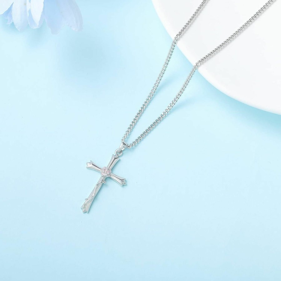 Necklaces | ACECHA Acecha Cross Necklace For Women | Silver Faith Birthstone Cross Pendant With Birth Flower Jewelry Gifts For Teen Girls Wife Women For Birthday Anniversary