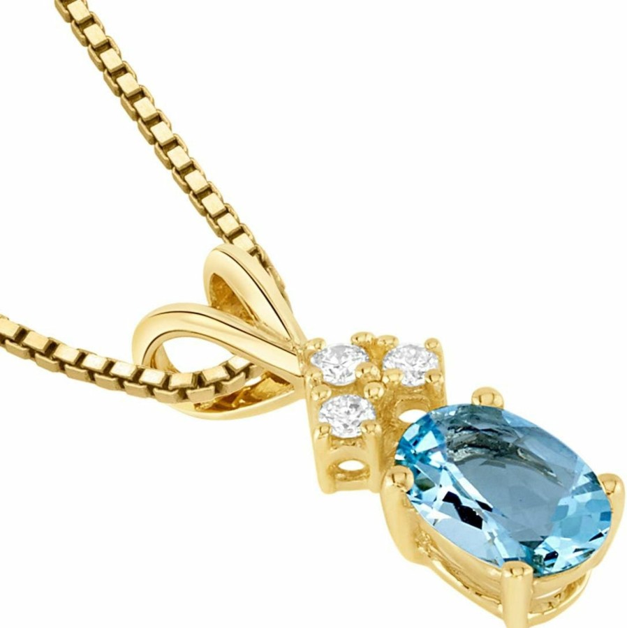 Necklaces | PEORA Peora Solid 14K Yellow Gold Aquamarine And Diamonds Pendant For Women, Genuine Gemstone Birthstone Solitaire, Oval Shape, 7X5Mm