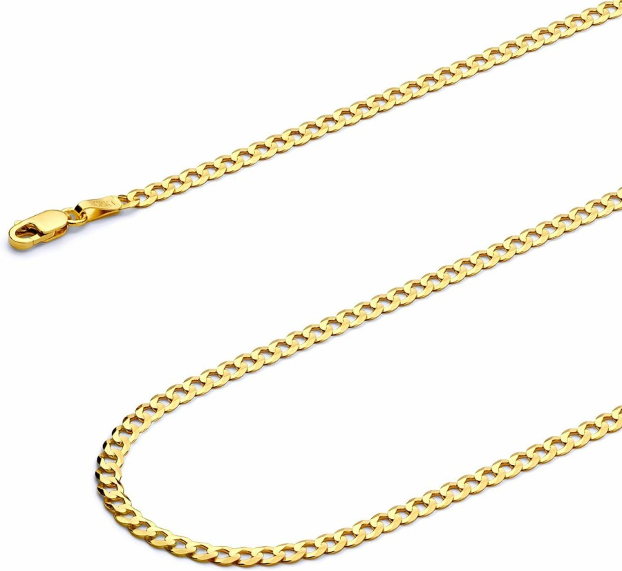 Necklaces | The World Jewelry Center The World Jewelry Center 14K Real Yellow Gold Solid 3Mm Cuban Concave Curb Chain Necklace With Lobster Claw Clasp