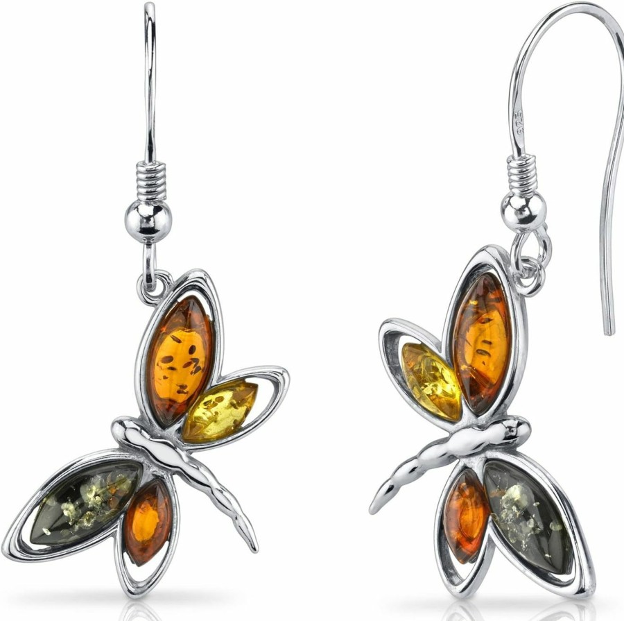 Necklaces | PEORA Peora Genuine Baltic Amber Dragonfly Pendant Necklace And Earrings For Women In Sterling Silver, Rich Cognac, Honey And Olive Colors