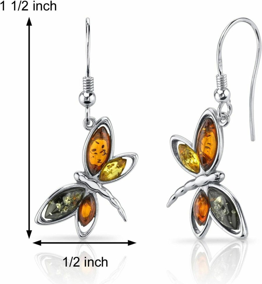 Necklaces | PEORA Peora Genuine Baltic Amber Dragonfly Pendant Necklace And Earrings For Women In Sterling Silver, Rich Cognac, Honey And Olive Colors