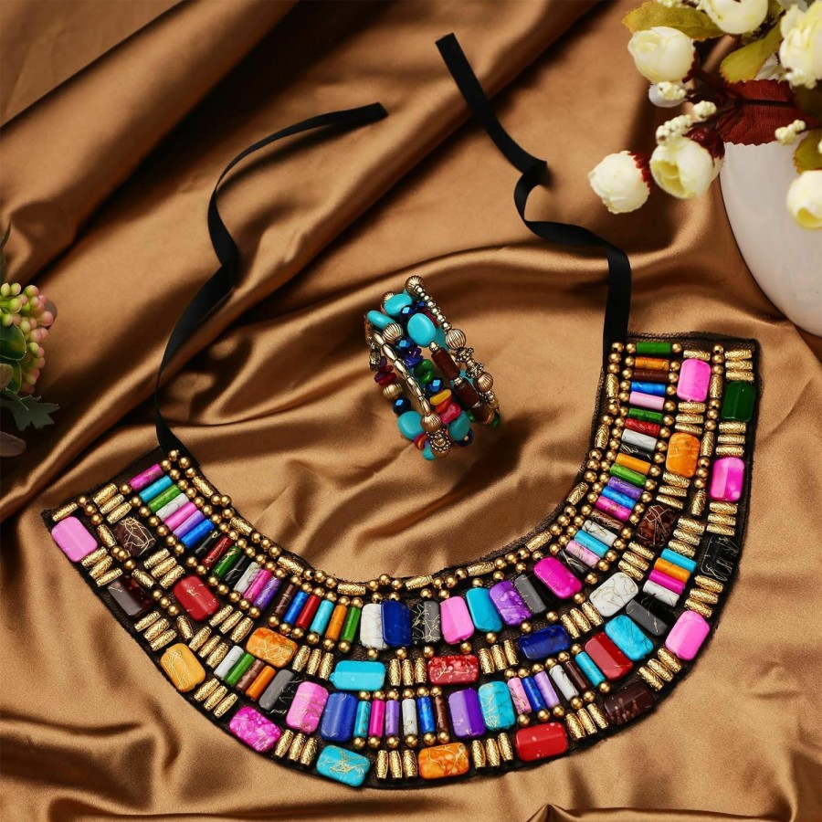 Necklaces | Bonuci Bonuci 2 Pcs African Jewelry For Women African Chunky Choker Necklace Multicolour Bohemian Beads Necklace African Jewelry Sets Rainbow Chunky Layered Beaded Bib Necklace For Women Girls