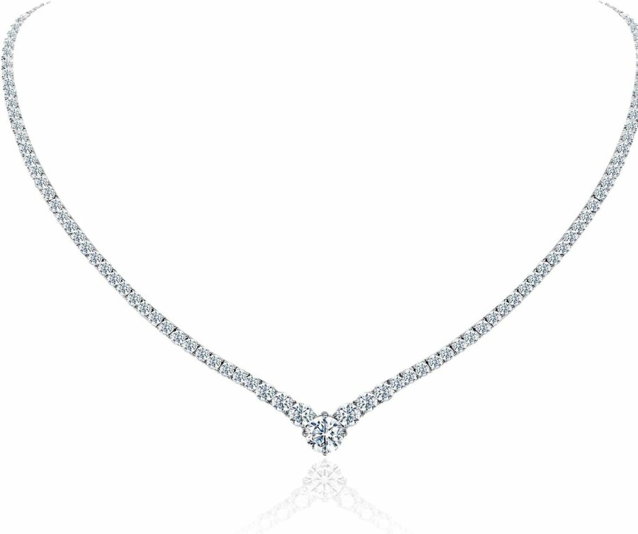 Necklaces | Plavos Gradual Moissanite Tennis Chain Necklace: 925 Sterling Silver Vvs1 D Color 14K White Gold Plated V Shape Link Crystal Moissanite Necklace Dainty Lab Diamond Necklace Wedding Jewelry Gifts For Women Lady