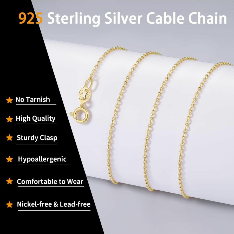 Necklaces | Jewlpire Jewlpire Solid 18K Gold Over 925 Sterling Silver Chain Necklace For Women Girls, 1Mm Cable Chain Necklace Sturdy & Shiny Women'S Chain Necklaces 14/16/17/18/20/22/24 Inch