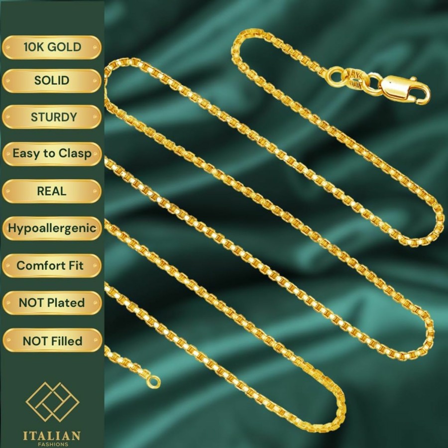 Necklaces | Italian Fashions Real Solid 10K Yellow Or White Gold 0.50Mm - 1.3Mm Diamond-Cut Square Mirror Box Veneziana Chain Necklace With Lobster Claw Clasp | Multiple Lengths Available | Men Women | Made In Italy