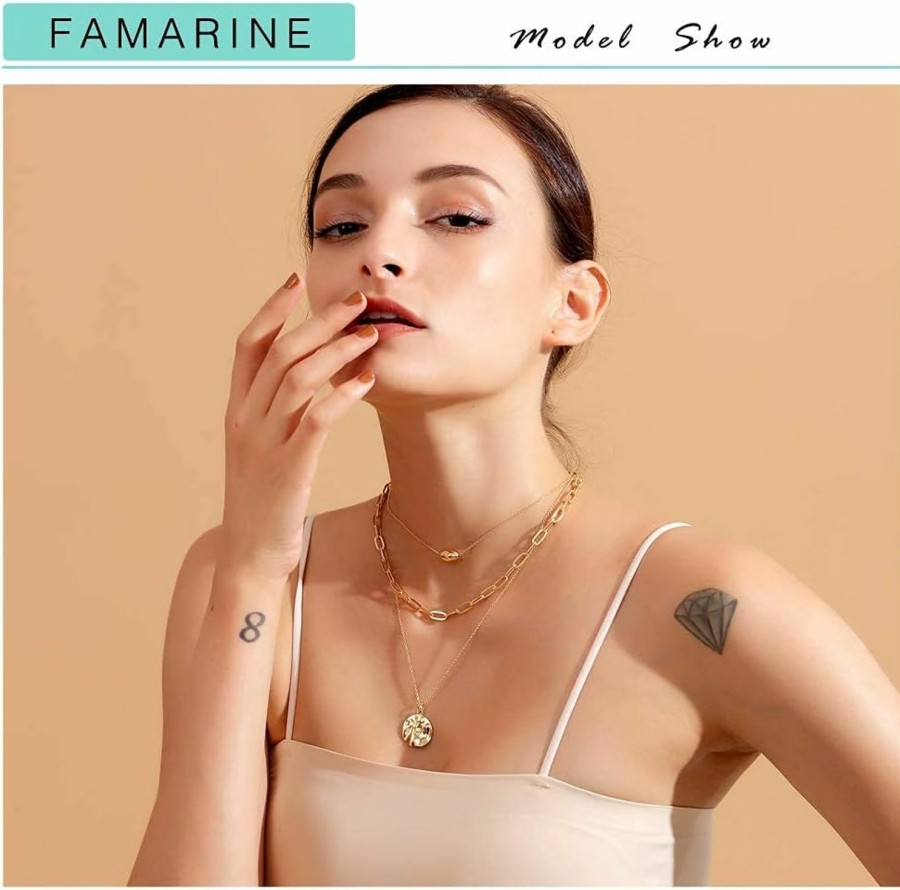 Necklaces | FAMARINE Famarine Gold Layered Pendant Long Necklace, 3 Layer Choker Necklace Chain Pendant Costume Jewelry For Women