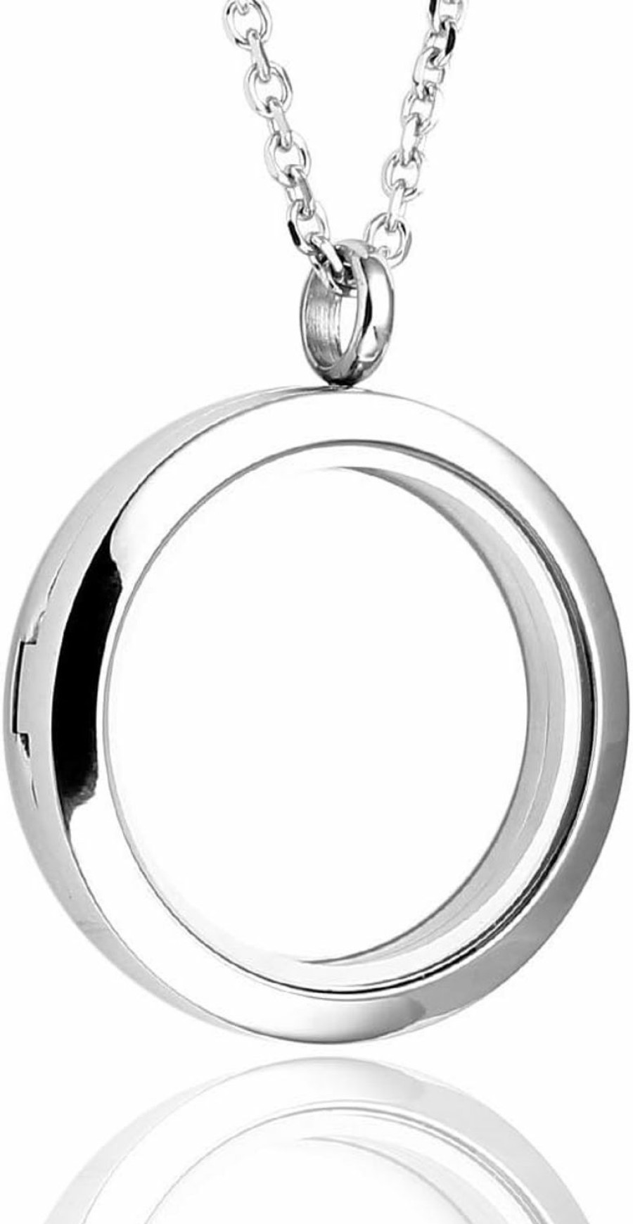 Necklaces | Zysta Zysta Silver Round Locket Pendant Necklace 30Mm Glossy Stainless Steel Clear Glass Living Memory Floating Charms Stone Storage