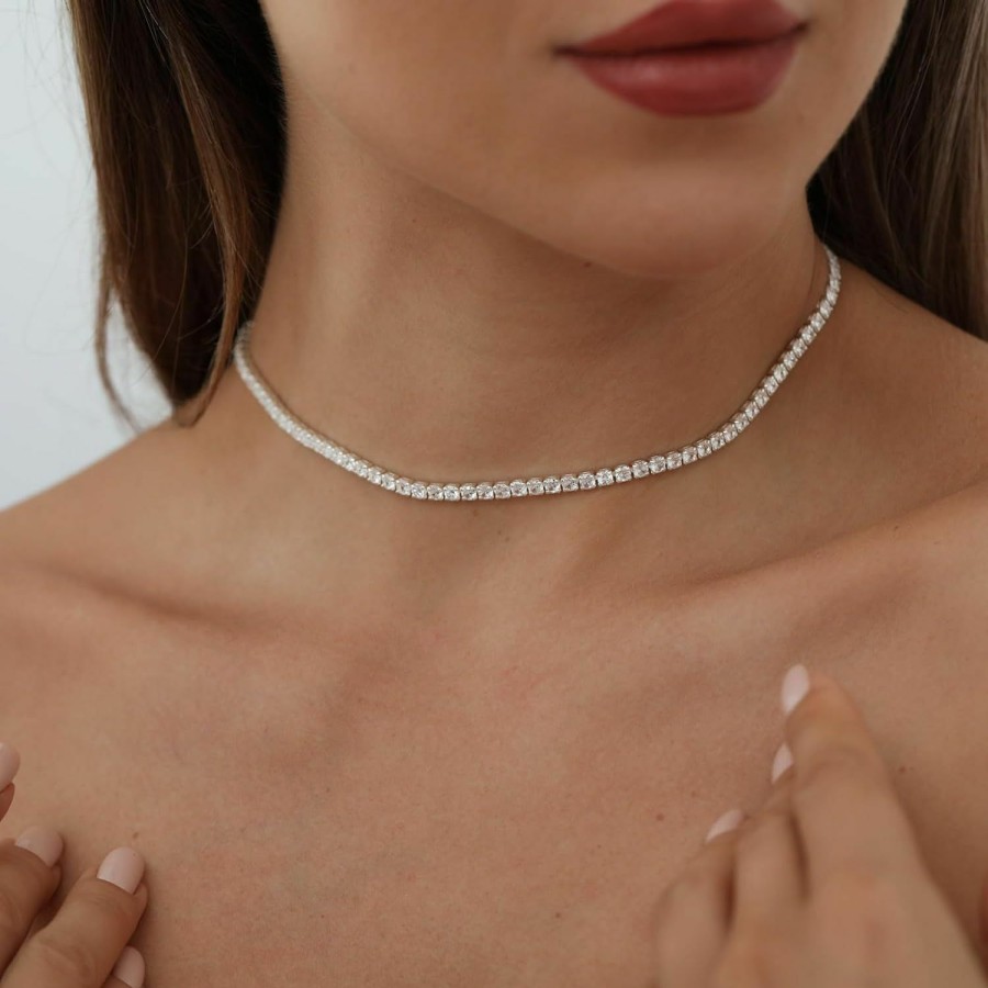 Necklaces | Feskive Feskive Tennis Necklace 14K Gold/Silver Plated,3Mm Width Sparking Rhinestone Chain Necklace Delicate Tennis Choker Necklace For Women Dainty Classic Cubic Zirconia Bridal Wedding Jewelry For Women Girls