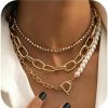 Necklaces | fxmimior Fxmimior Women Multilayer Silver Gold Dainty Pearls Layered Choker Necklaces Handmade Beads Fashion Chunky Pendant Multilayer Adjustable Layering Chain Gold Plated Necklaces Set For Women Girls