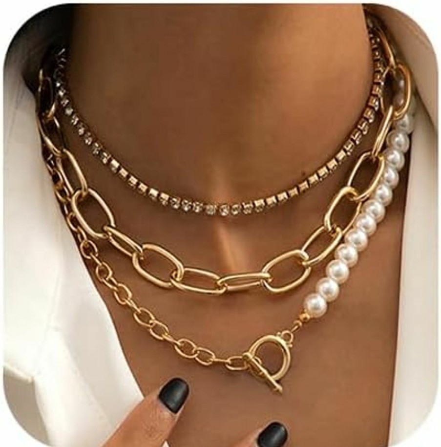 Necklaces | fxmimior Fxmimior Women Multilayer Silver Gold Dainty Pearls Layered Choker Necklaces Handmade Beads Fashion Chunky Pendant Multilayer Adjustable Layering Chain Gold Plated Necklaces Set For Women Girls