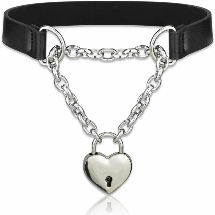 Necklaces | Alona Magic Alona Magic Goth Choker Necklaces For Women, Black Choker And Heart Padlock Day Collar With Key, Black Pu Leather Choker Collar For Women