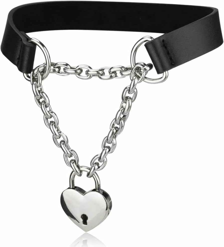 Necklaces | Alona Magic Alona Magic Goth Choker Necklaces For Women, Black Choker And Heart Padlock Day Collar With Key, Black Pu Leather Choker Collar For Women