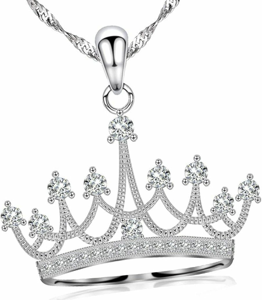 Necklaces | Gemschest Gemschest Sterling Silver Round Cubic Zirconia Crown Pendant Necklace Queen Jewelry For Mom Women With 18\" Silver Chain