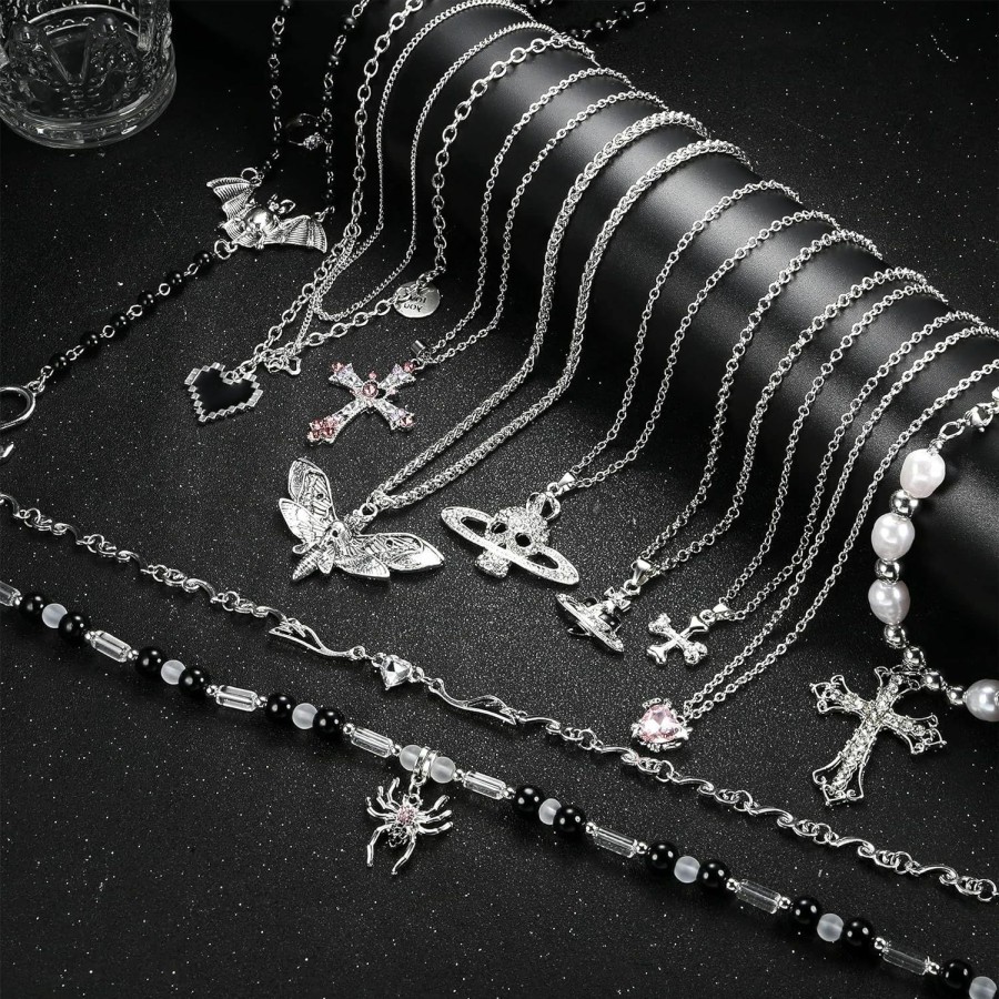 Necklaces | Sanfenly Sanfenly Vintage Gothic Necklace Set For Women Punk Grunge Cross Heart Bat Spider Angel Wing Saturn Skull Pendant Layered Choker Statement Necklaces