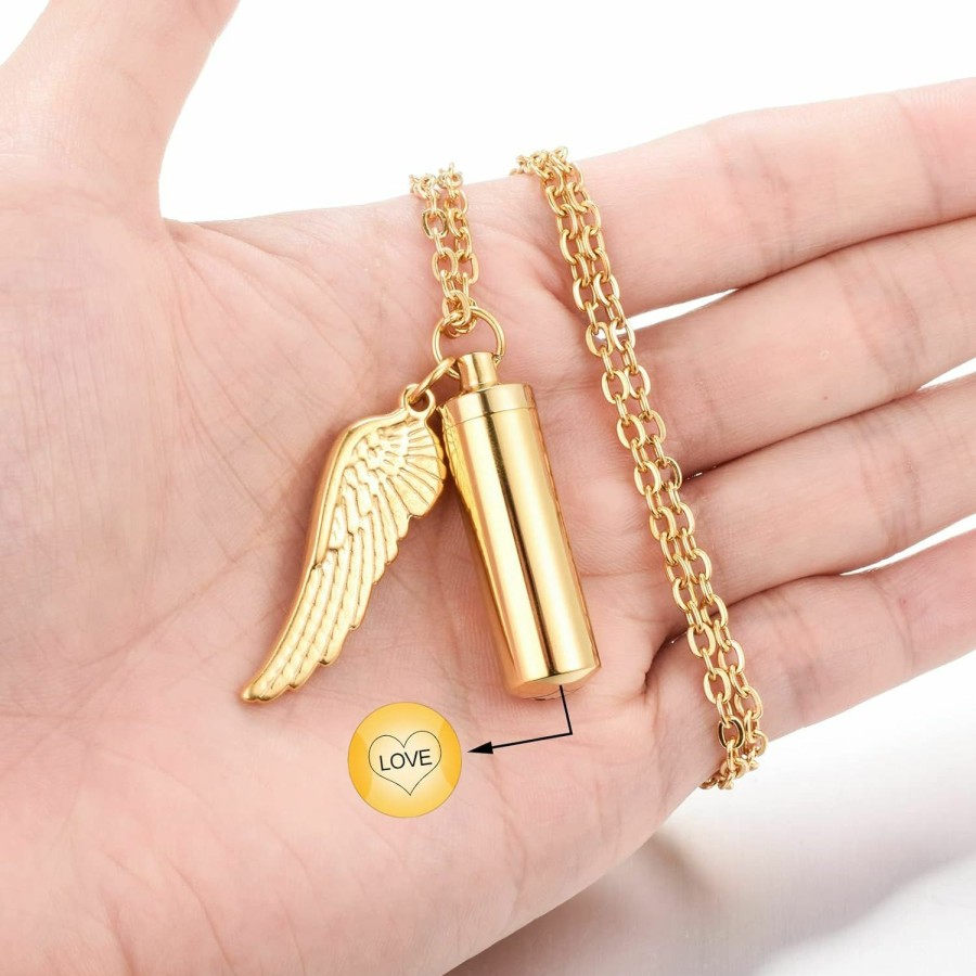 Necklaces | Dletay Dletay Cylinder Cremation Urn Necklace For Ashes Memorial Keepsake Pendant With Angel Wing Stainless Steel Remembrance Jewelry