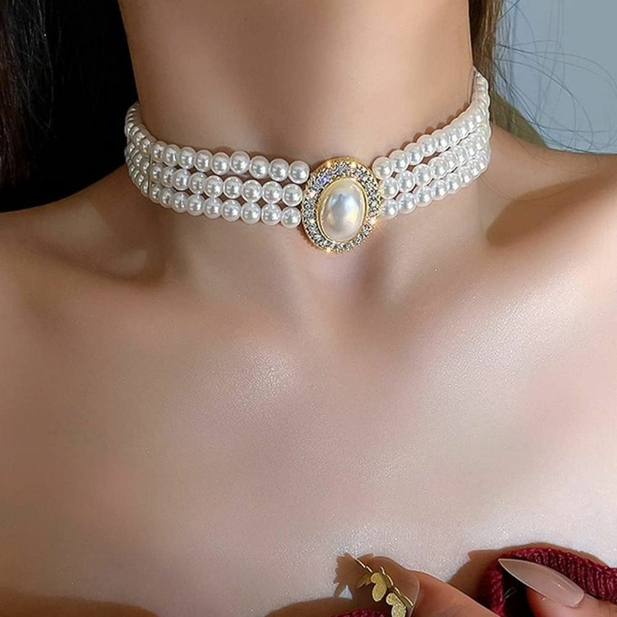 Necklaces | Octwine Octwine Boho 3 Tier Dainty Rhinestones Pearls Chunky Short 1920S Choker Necklace Chain Multilayer Choker Pendant Necklaces Prom Party For Women And Girls