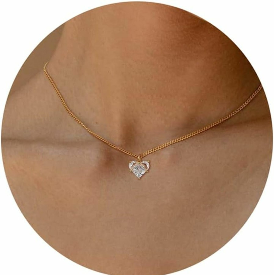 Necklaces | Tewiky Tewiky Cute Heart Necklace Tiny 14K Gold Heart Pendant Choker Necklaces Small Gold Love Open Heart Chain Necklace For Women Dainty Gold Necklace Gifts For Her