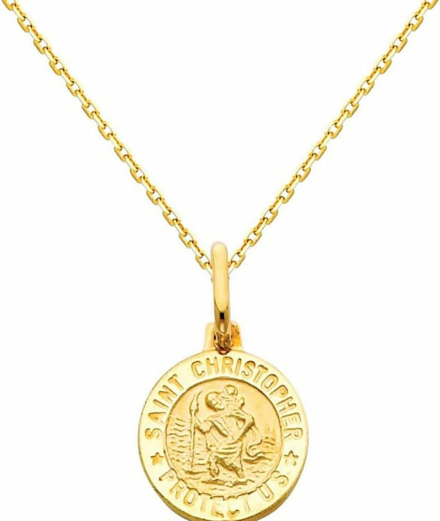 Necklaces | The World Jewelry Center The World Jewelry Center 14K Yellow Gold Religious Saint Christopher Medal Pendant With 0.9Mm Cable Chain Necklace