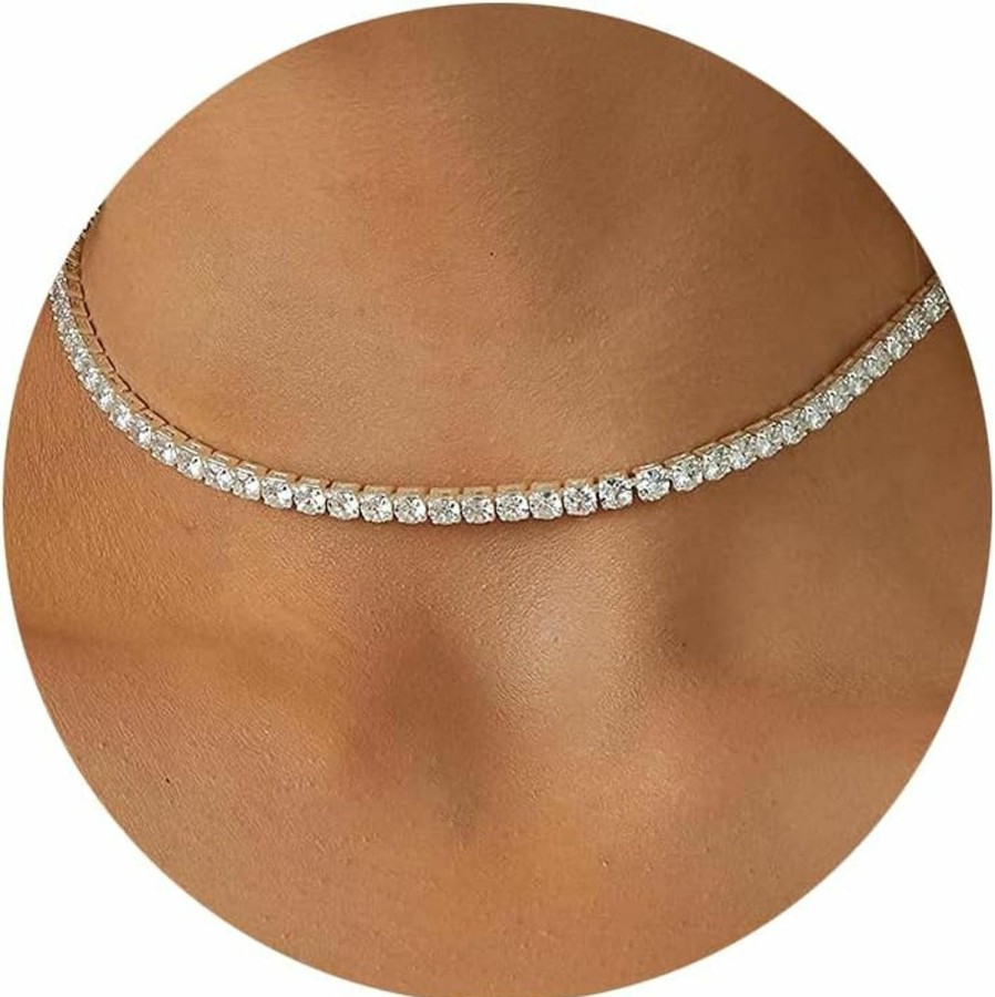 Necklaces | Tewiky Tewiky Tennis Necklace 14K Gold Plated/Silver Sparking Rhinestone Choker Necklaces Dainty Crystal Cubic Zirconia Bridal Wedding Jewelry For Women