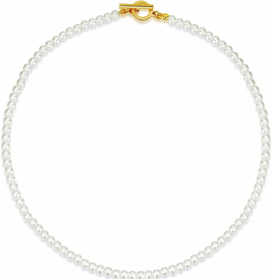 Necklaces | Luxval Luxval Pearl Necklaces Choker For Women,Cream White Pearl Jewelry, 14K Gold Plated Handmade Dainty Toggle Clasp Necklace For Women Jewelry Gifts